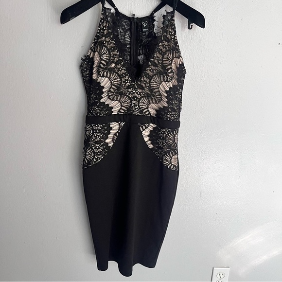Lace Plunge Mini Dress Black/Cream Small - Picture 2 of 12